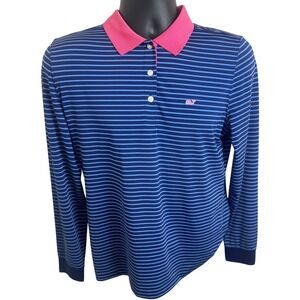 Vineyard Vines Mens Long Sleeve Striped Polo Shirt Pink Whale Logo Size M